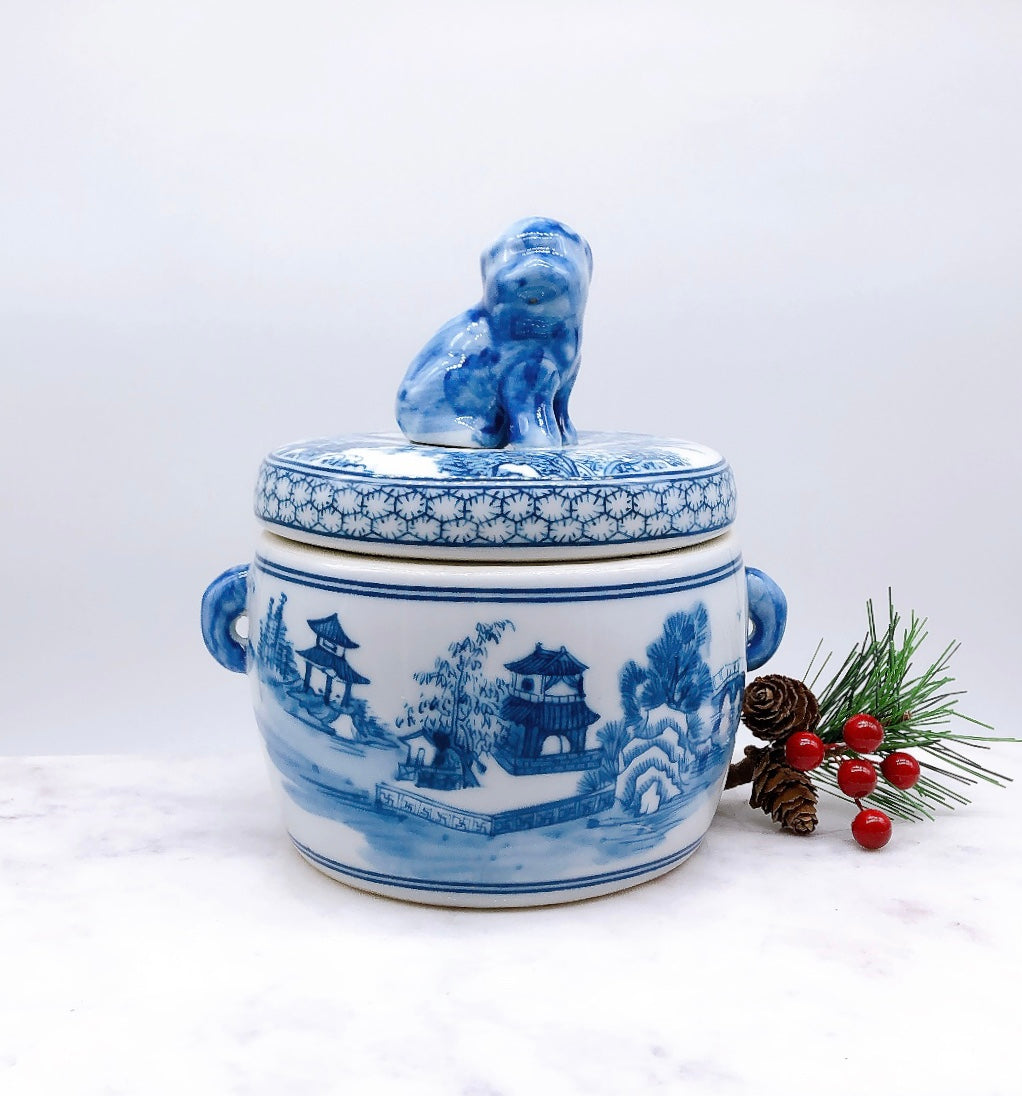 Blue and White Chinoiserie Lidded Container